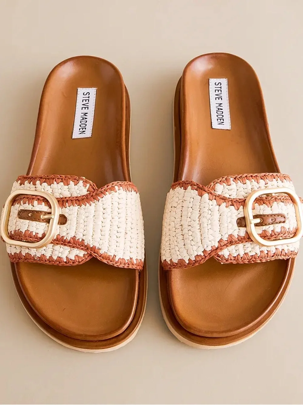 Steve Madden Cream and Brown Woven Buckle Slide Sandals